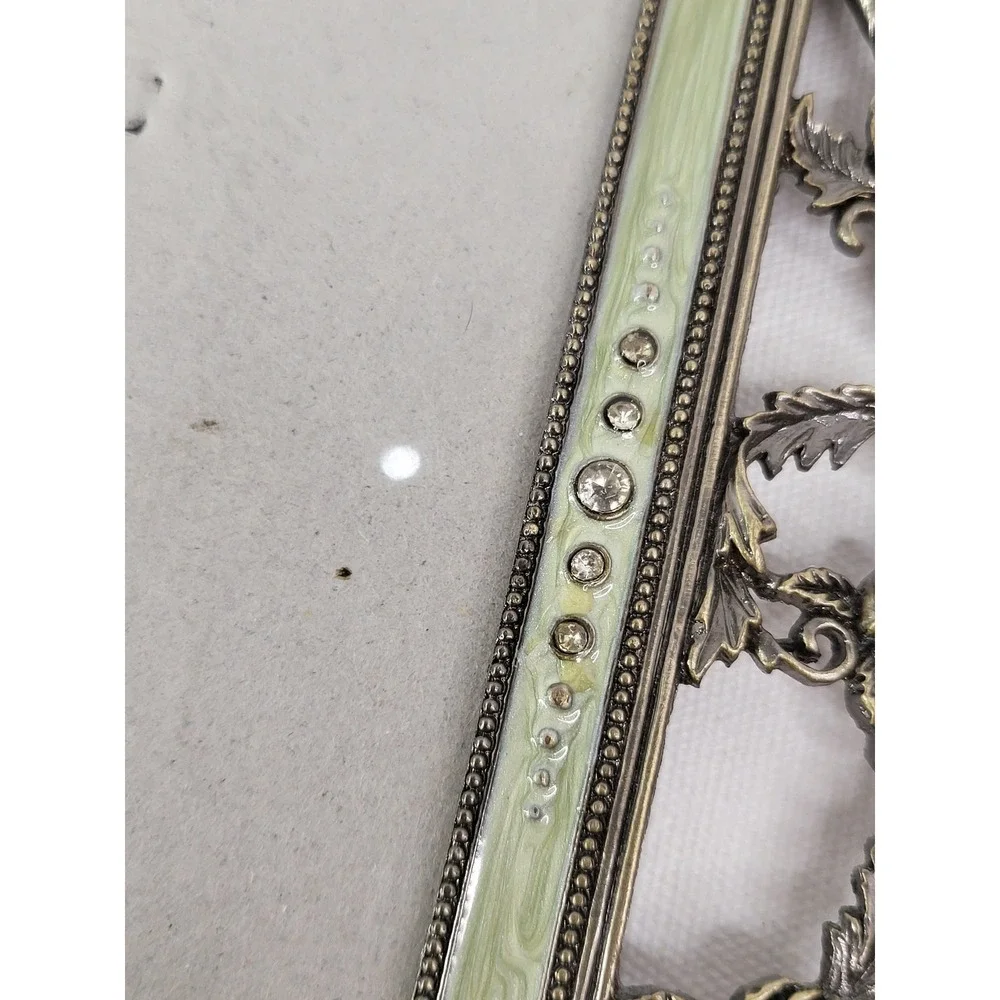 Vintage Style Bronze Rose Enamel Rhinestone Ornate Photo Frame 4x6 Sage Green